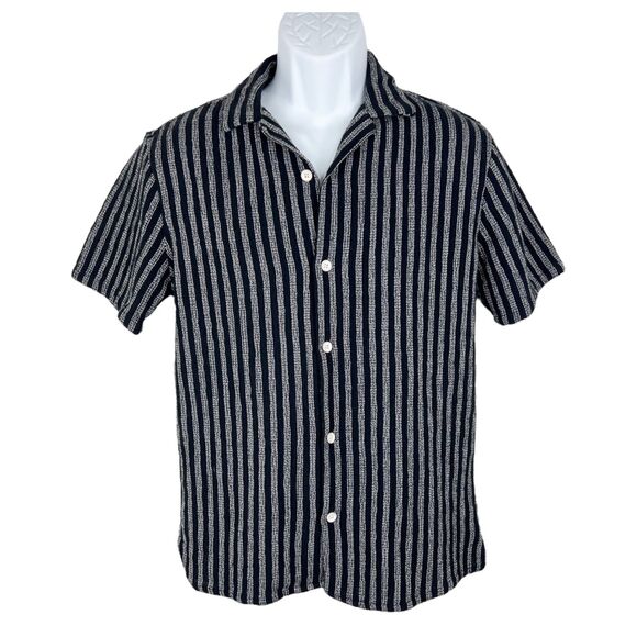 Zara Button Up Shirt Men Medium Black White Striped Short Sleeve Knit Relaxed - Picture 1 of 12